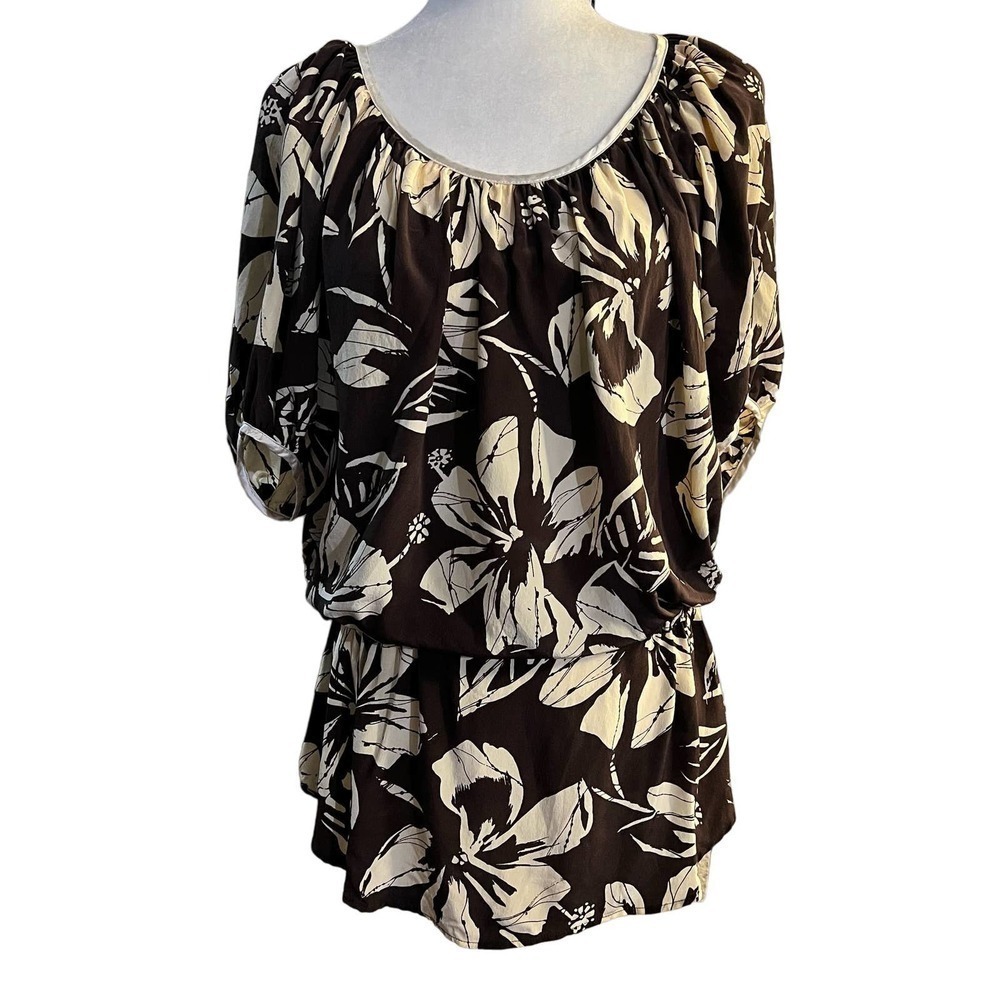 Karen Kane Blouson Sleeve Silk Peasant Top Size Large Brown Cottagecore Prairie